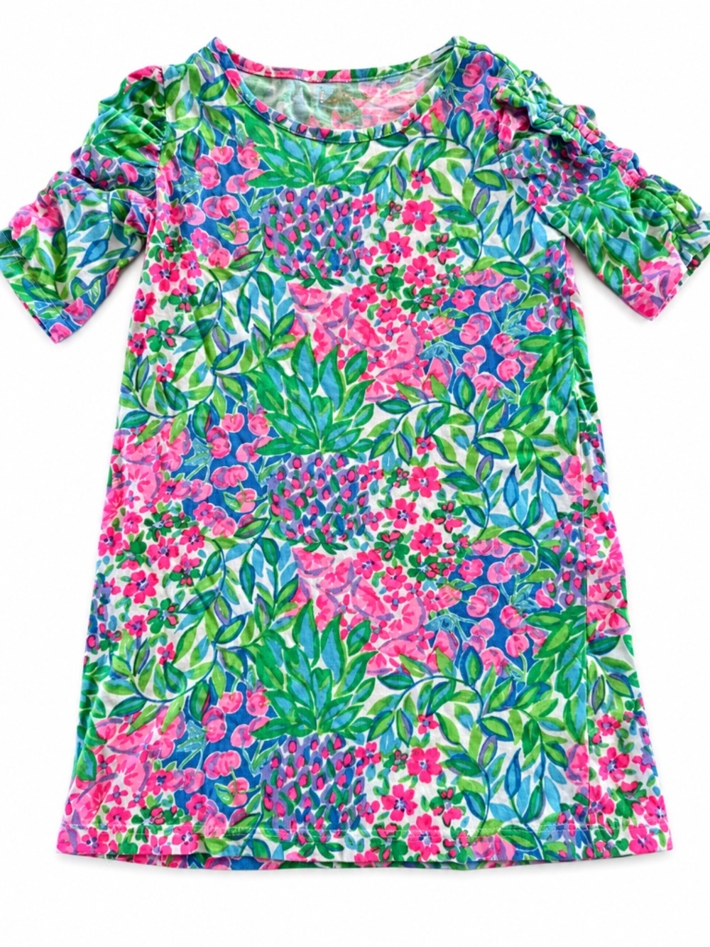 Lilly Pulitzer Girls M 6-7 Pink Green Floral Puff Sleeve Shift Dress